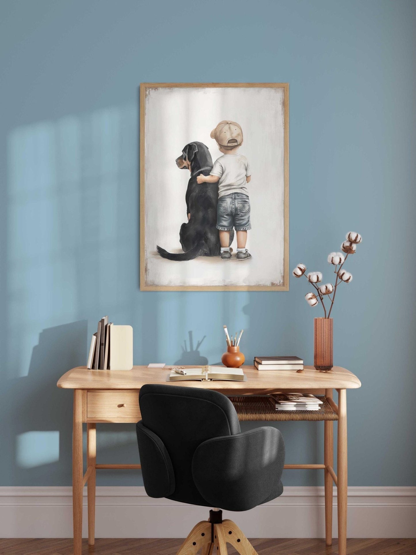 Rottweiler Nursery Decor, Boy & Dog Art Print, Cute Canine Wall Art - WildfieldPrints
