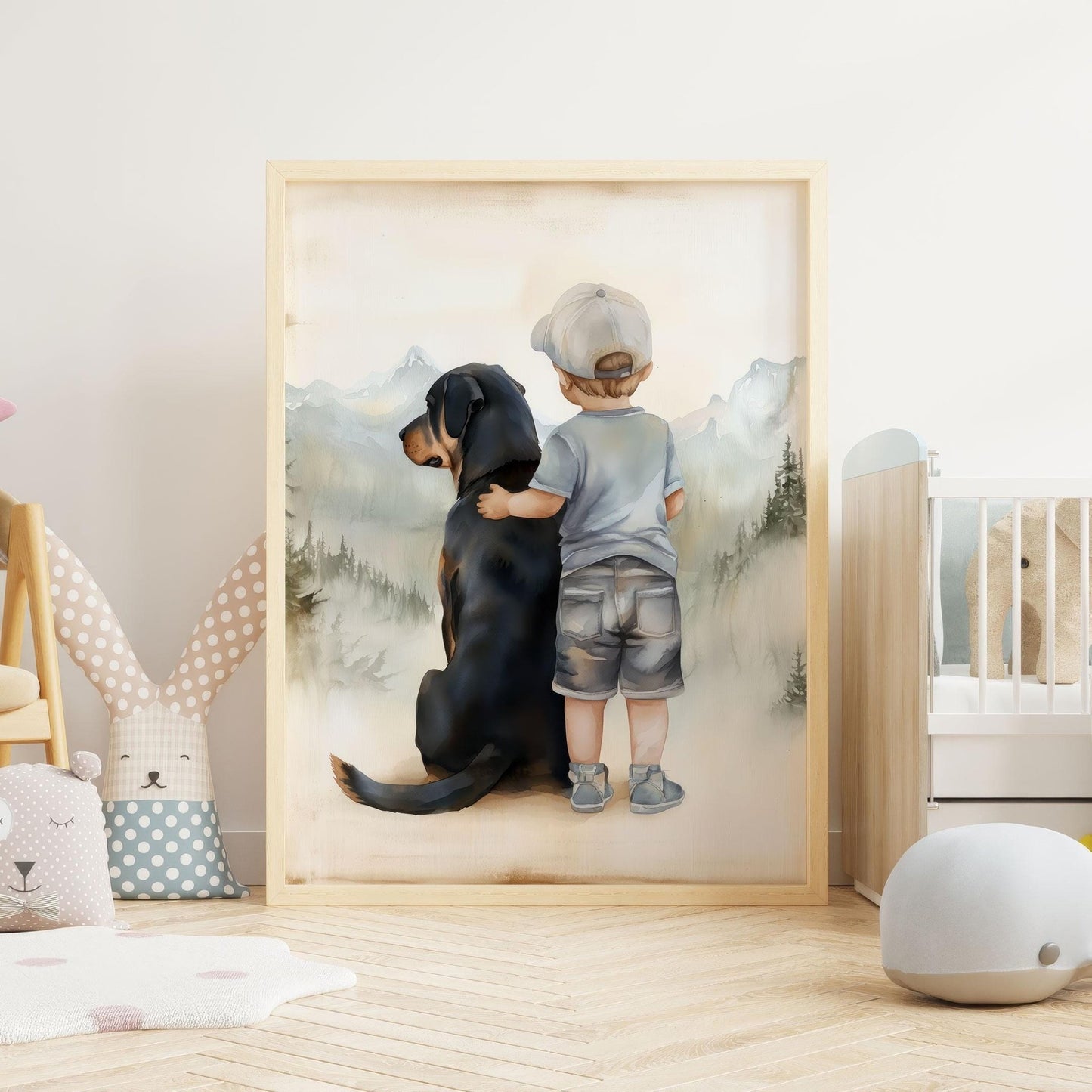 Rottweiler Nursery Decor, Boy & Dog Wall Art, Rottweiler Kids Art - WildfieldPrints