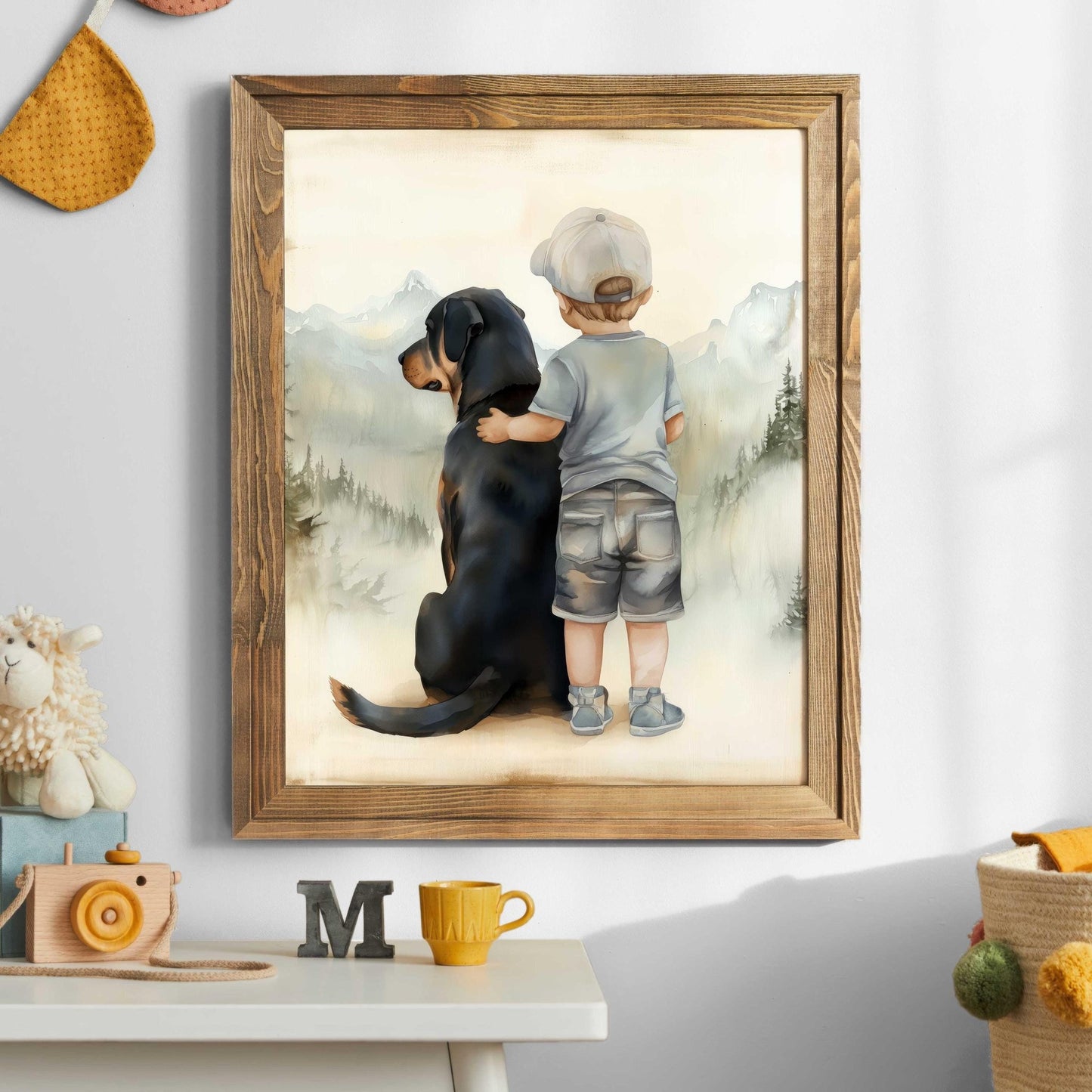 Rottweiler Nursery Decor, Boy & Dog Wall Art, Rottweiler Kids Art - WildfieldPrints