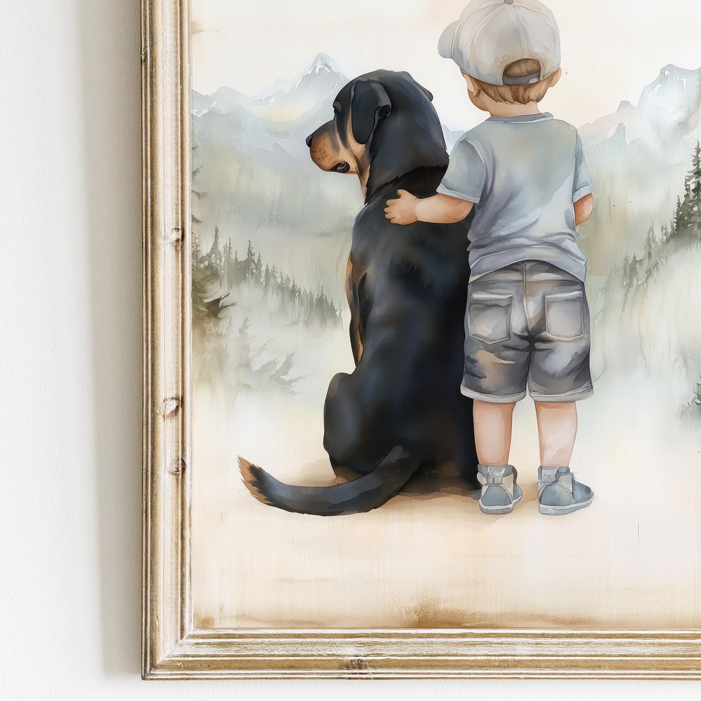 Rottweiler Nursery Decor, Boy & Dog Wall Art, Rottweiler Kids Art - WildfieldPrints