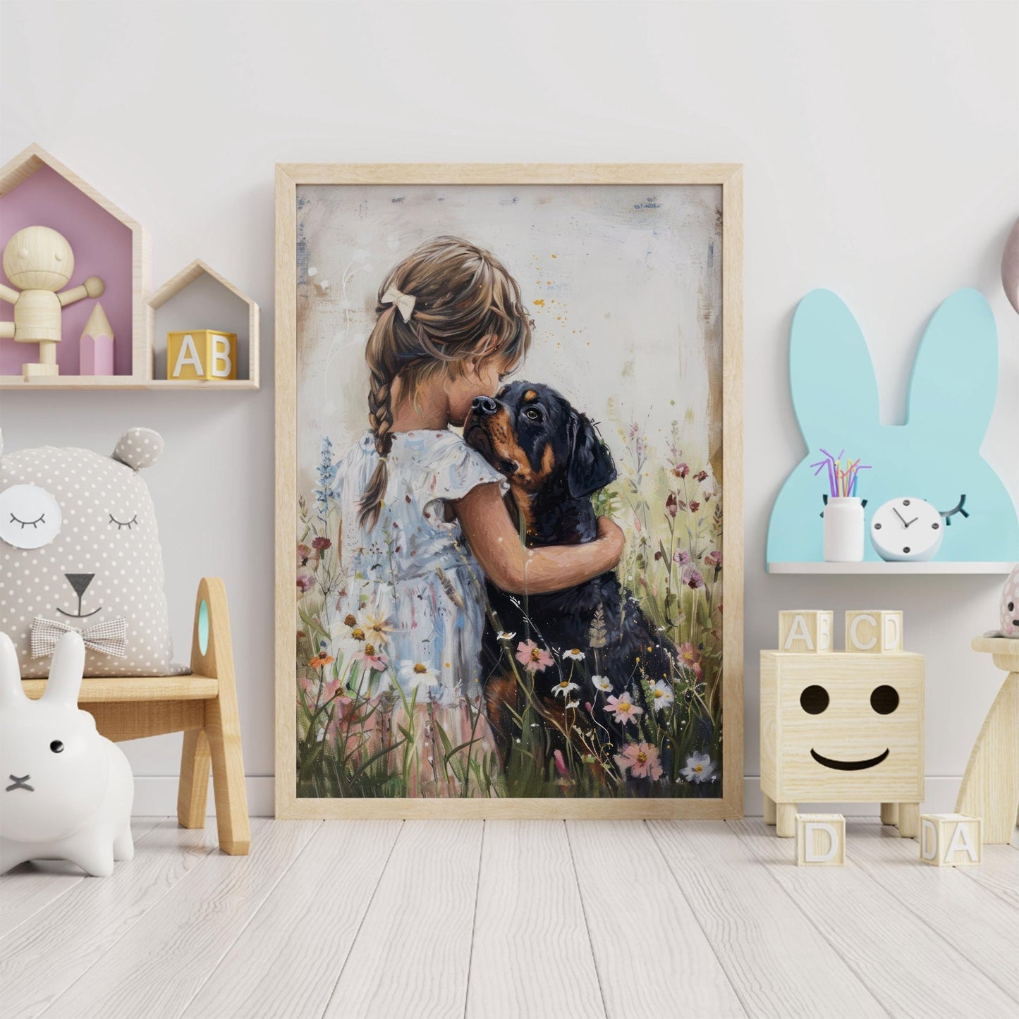 Rottweiler Nursery Decor, Girl & Dog Wall Art, Rottweiler Painting - WildfieldPrints