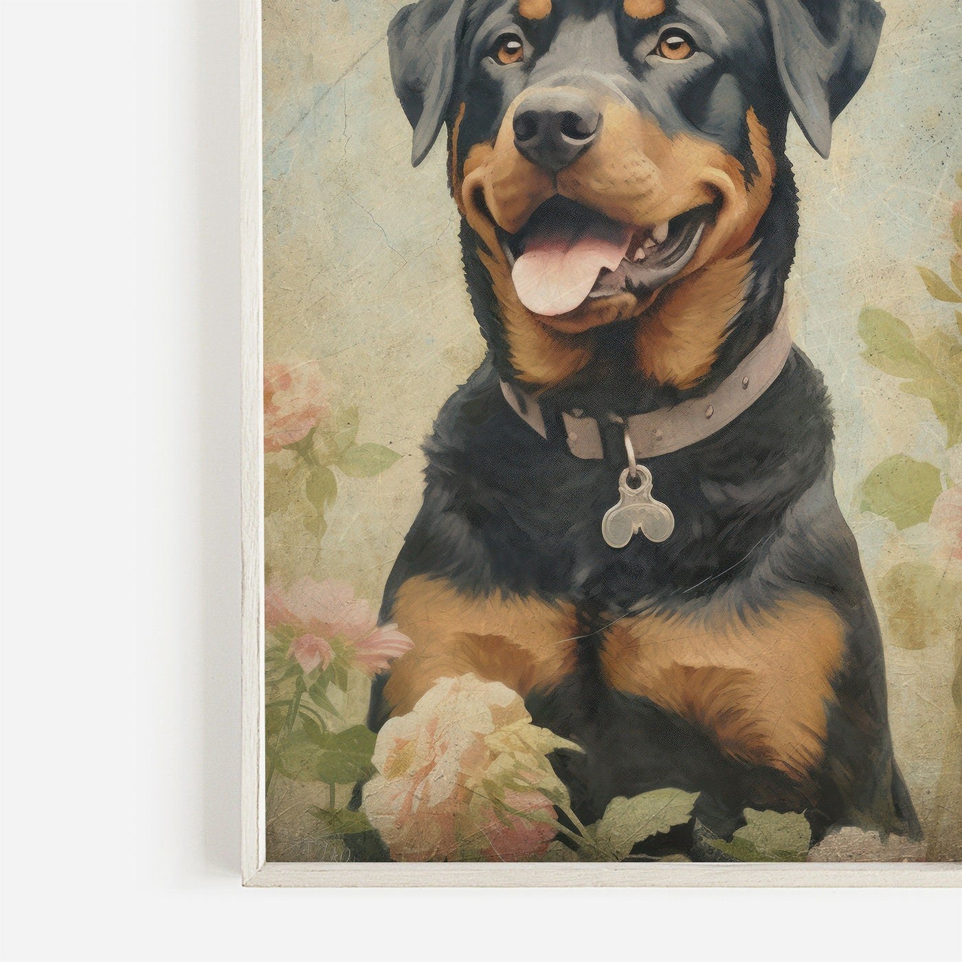 Rottweiler Wall Art, Vintage Dog Print, Dogs with Flowers Painting - WildfieldPrints