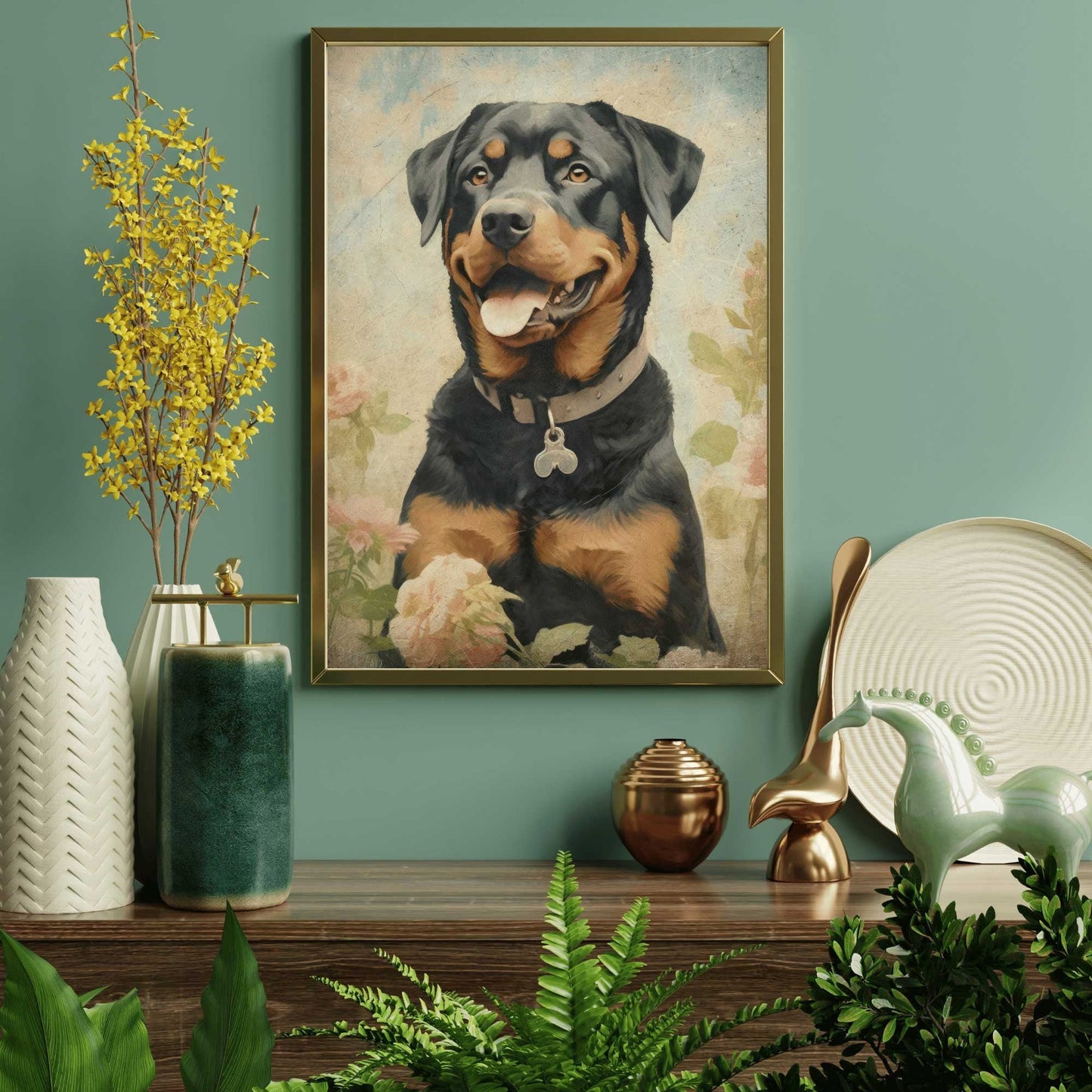Rottweiler Wall Art, Vintage Dog Print, Dogs with Flowers Painting - WildfieldPrints
