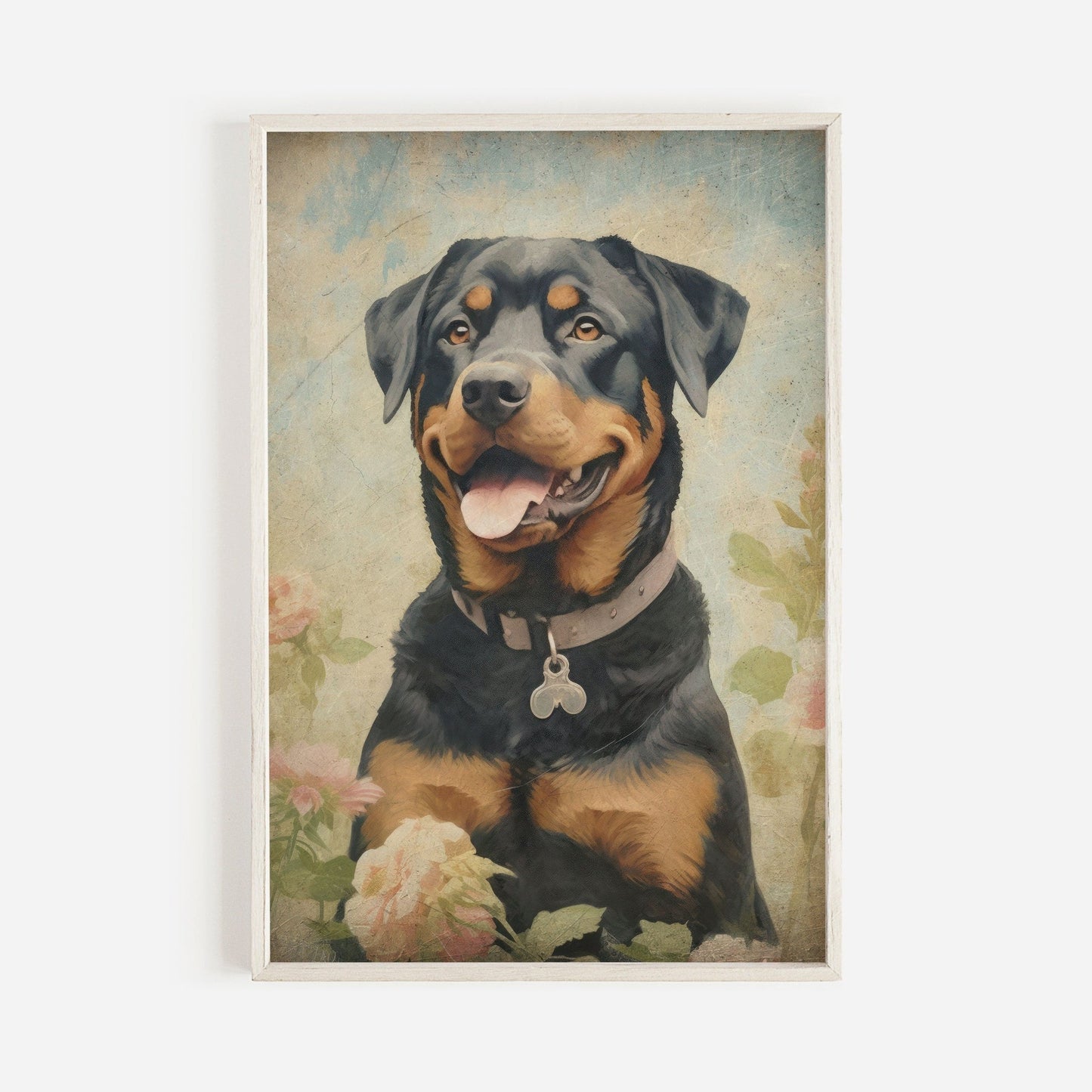 Rottweiler Wall Art, Vintage Dog Print, Dogs with Flowers Painting - WildfieldPrints
