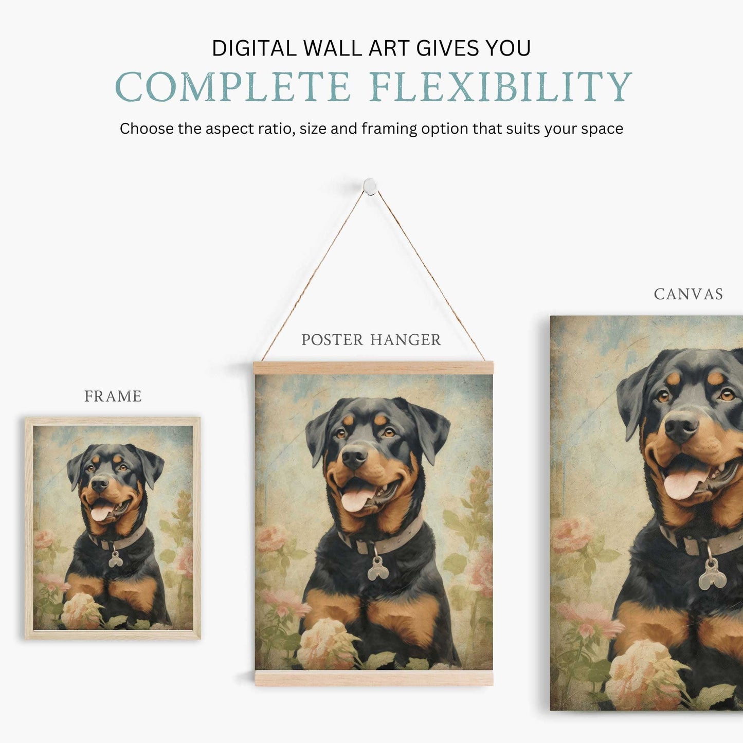 Rottweiler Wall Art, Vintage Dog Print, Dogs with Flowers Painting - WildfieldPrints