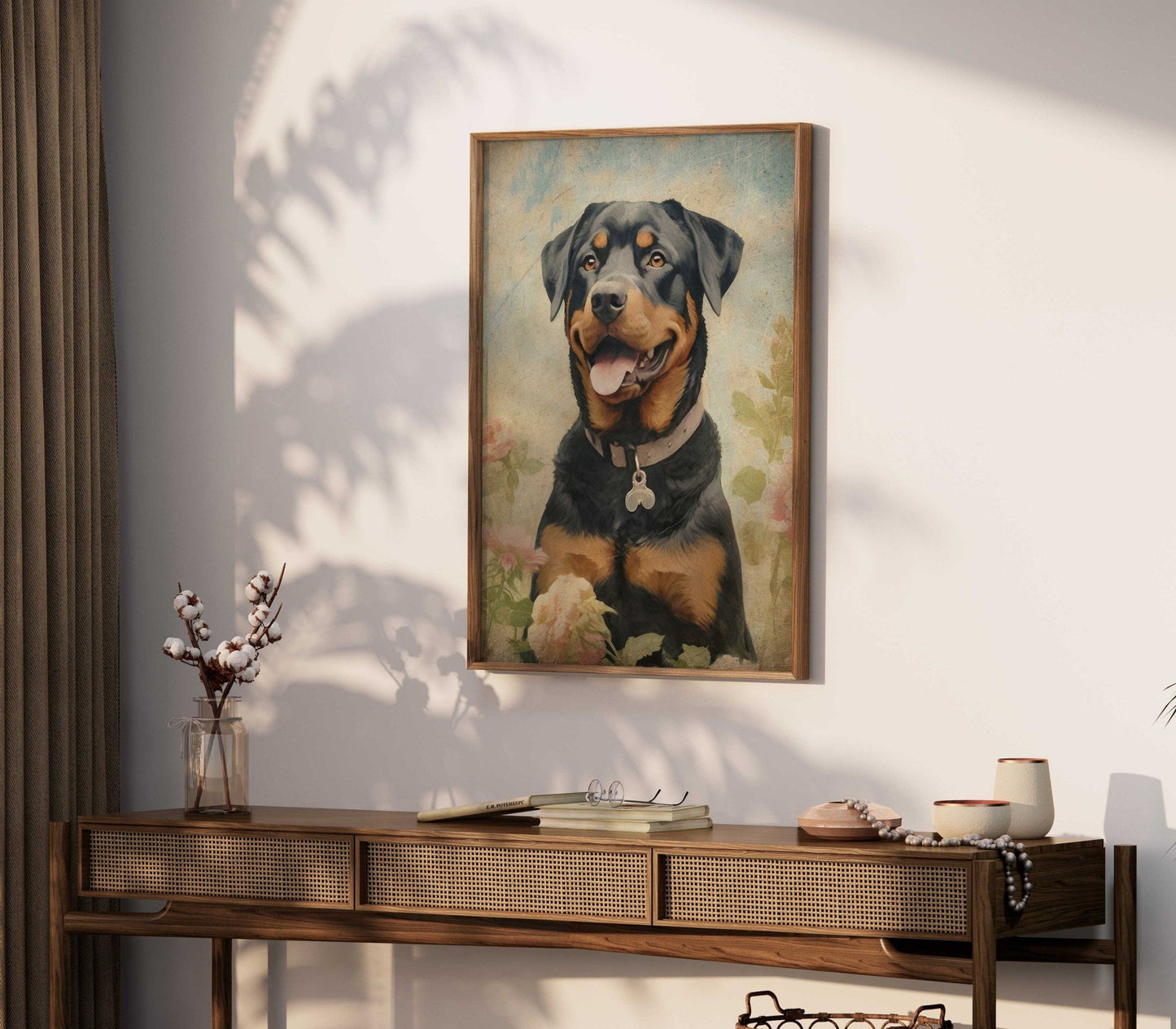 Rottweiler Wall Art, Vintage Dog Print, Dogs with Flowers Painting - WildfieldPrints
