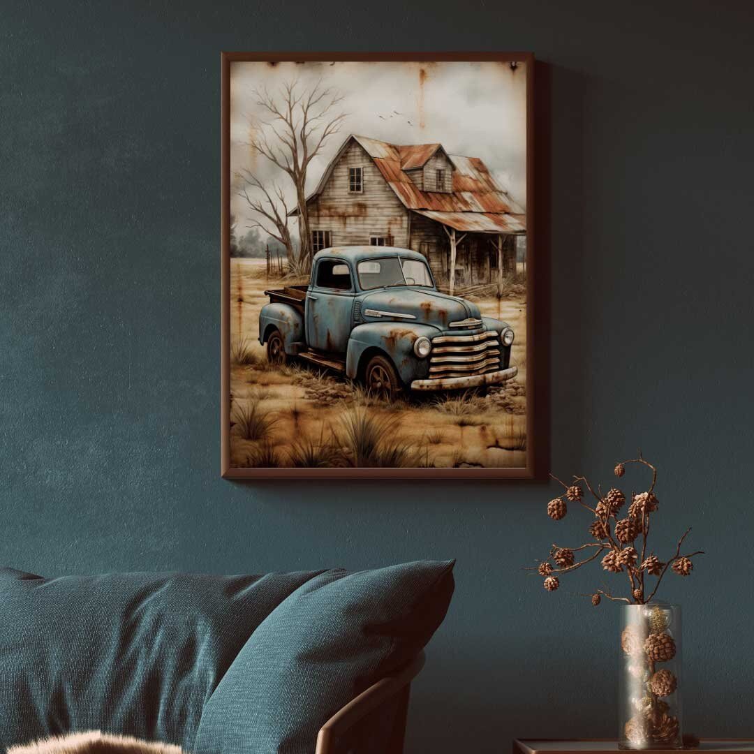 Rural Wall Art, Vintage Country House & Rusty Car Decor, Countryside Print - WildfieldPrints