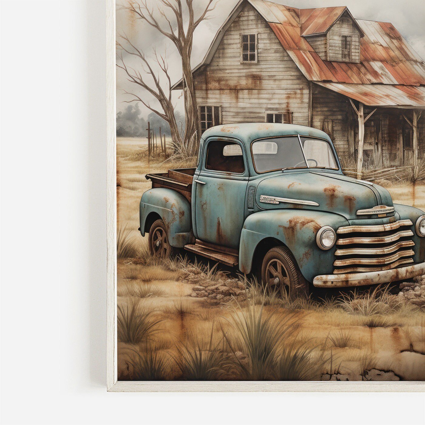 Rural Wall Art, Vintage Country House & Rusty Car Decor, Countryside Print - WildfieldPrints
