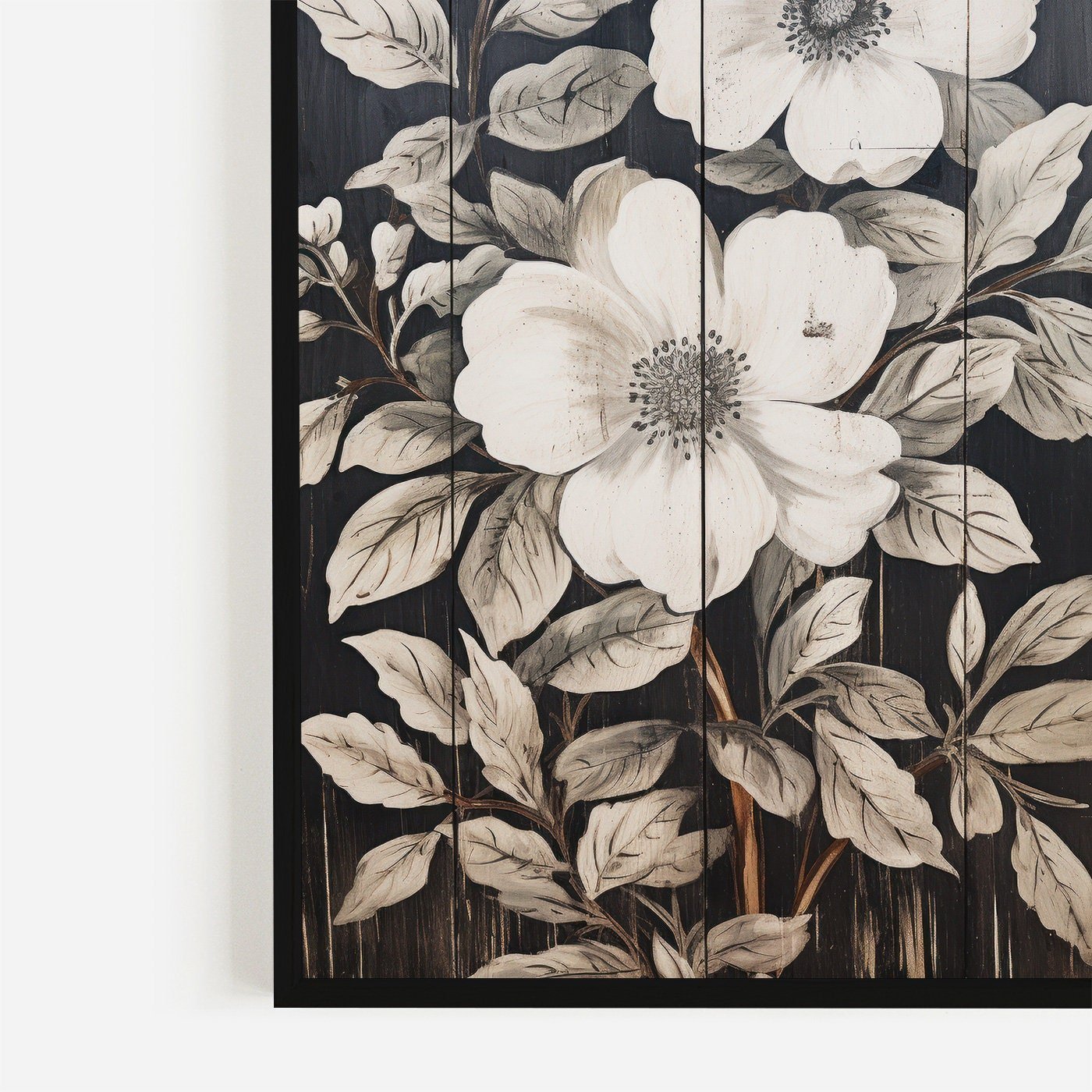 Rustic Floral Wall Decor, Black Wood Art, Vintage Flower Print - WildfieldPrints