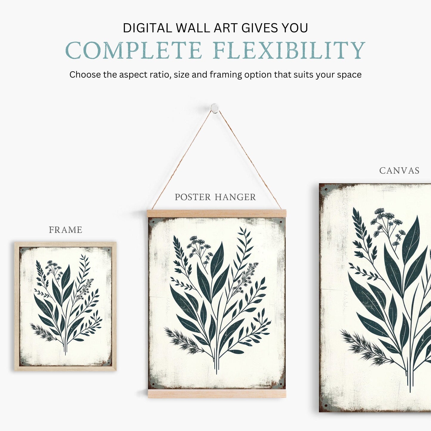 Rustic Floral Wall Decor, Vintage Flower Art, Black Flower Print - WildfieldPrints