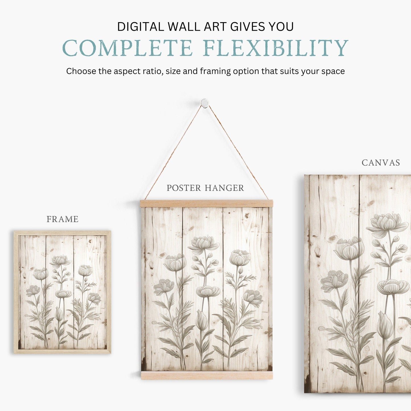 Rustic Floral Wall Decor, Vintage Flower Art, Distressed Print - WildfieldPrints