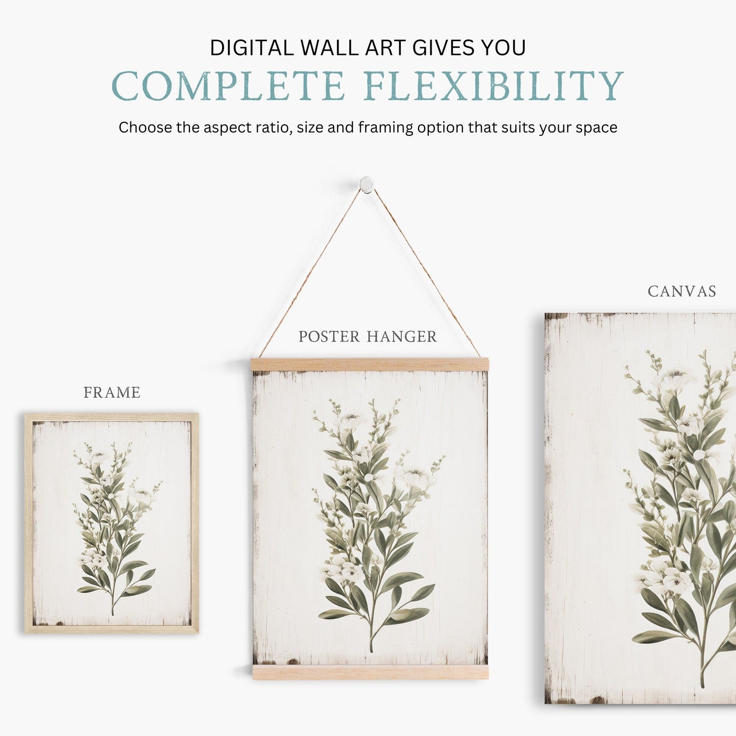 Rustic Floral Wall Decor, White Flower Print, Minimalist Kitchen Art - WildfieldPrints