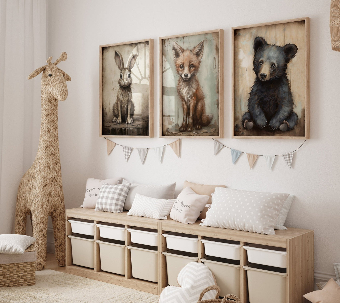 Rustic Nursery Decor, Woodland Baby Animal Wall Art, Bear, Hare, Fox - WildfieldPrints