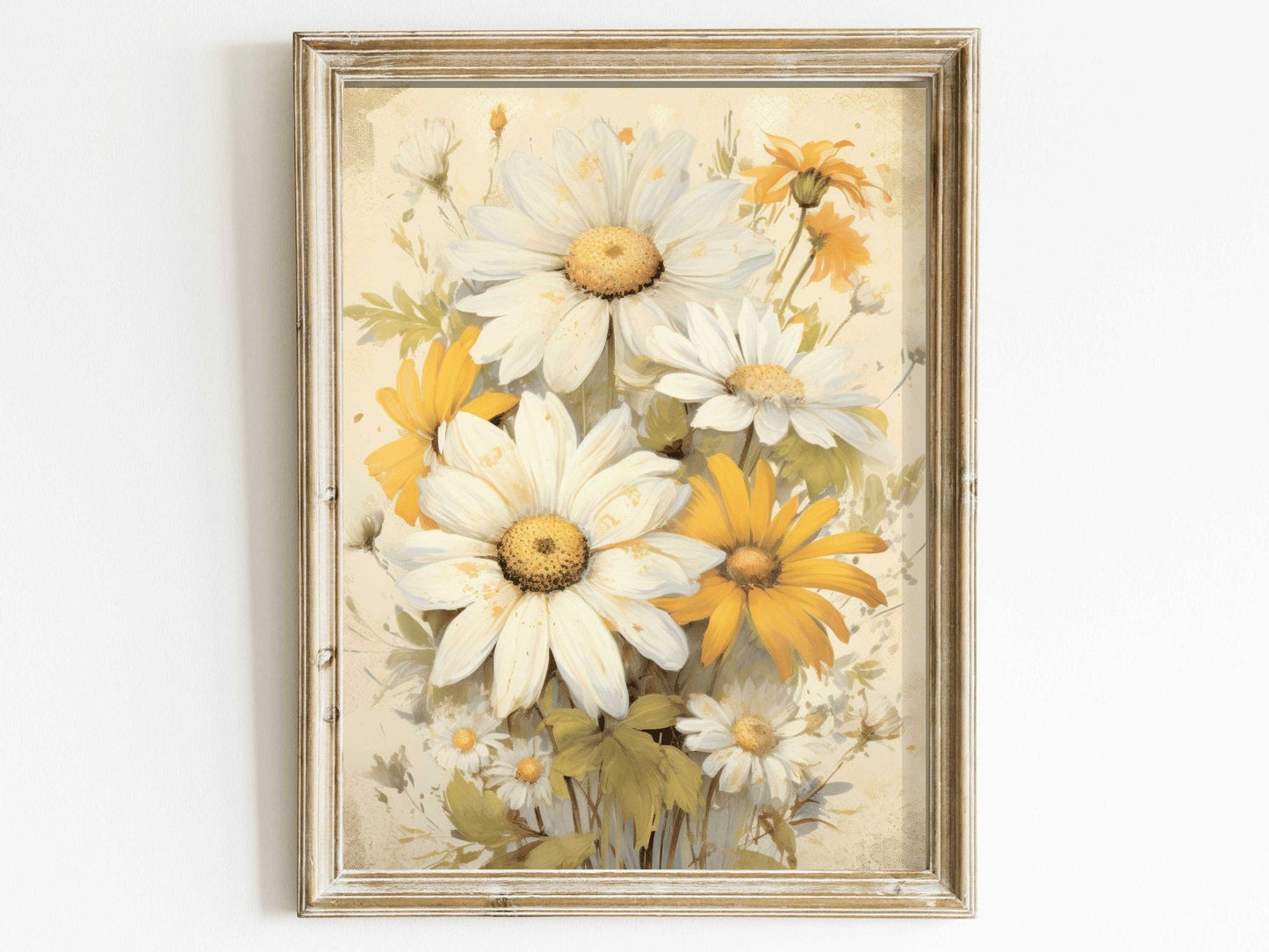 Rustic Vintage Botanical Prints, Farmhouse Style Decor, Daisy Bouquet - WildfieldPrints