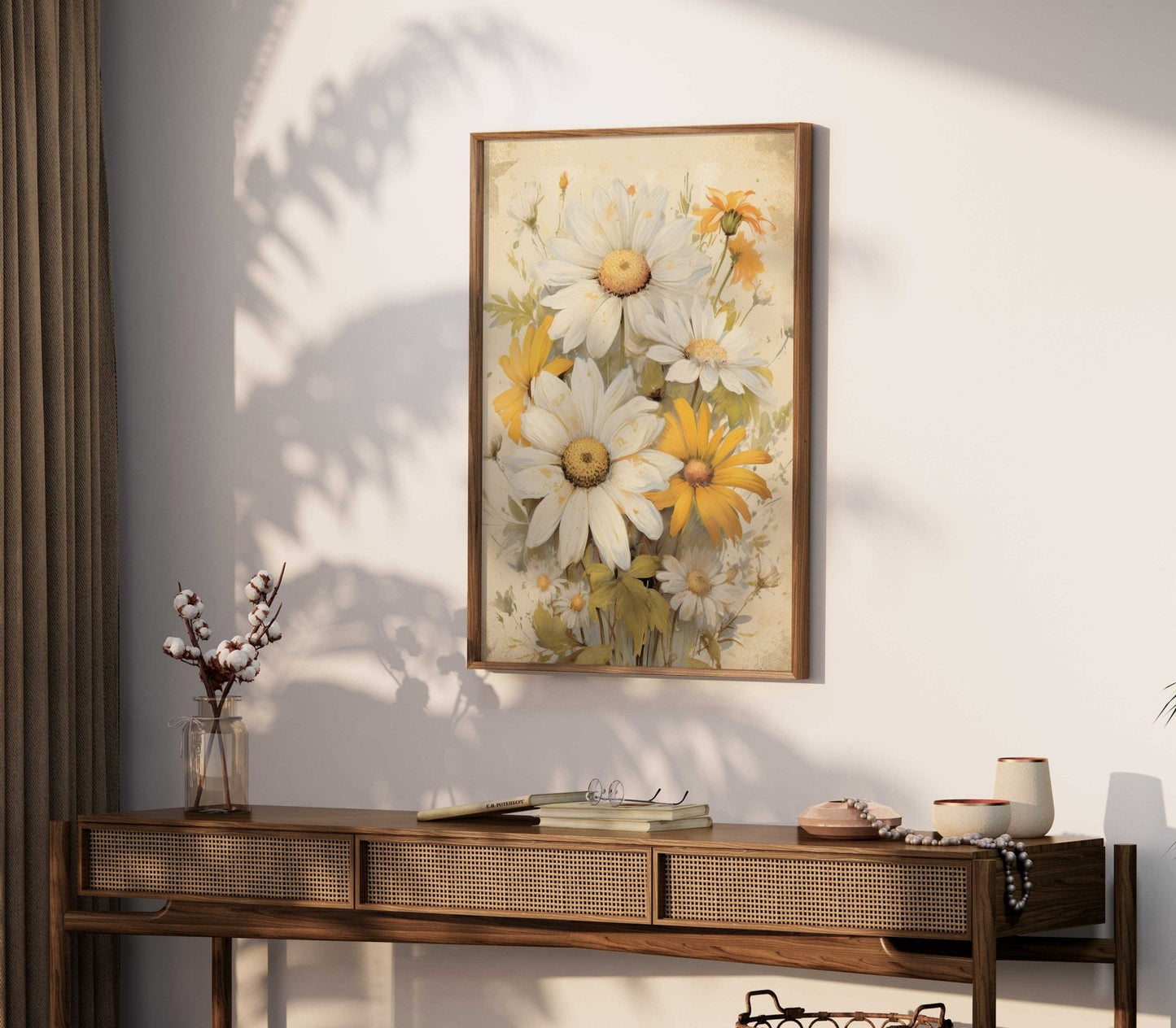 Rustic Vintage Botanical Prints, Farmhouse Style Decor, Daisy Bouquet - WildfieldPrints