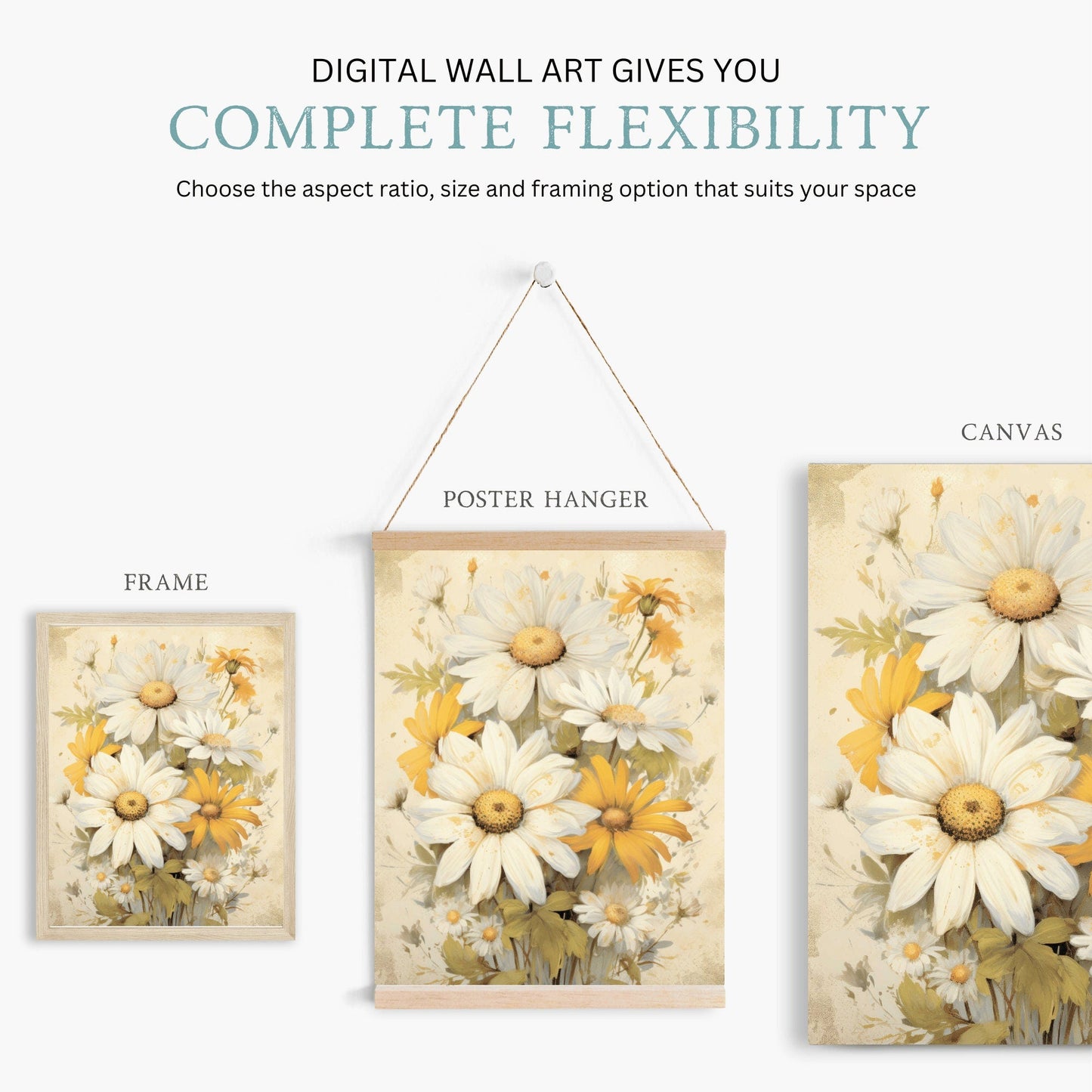 Rustic Vintage Botanical Prints, Farmhouse Style Decor, Daisy Bouquet - WildfieldPrints