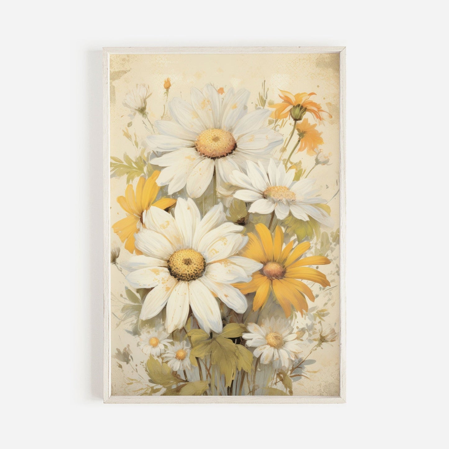 Rustic Vintage Botanical Prints, Farmhouse Style Decor, Daisy Bouquet - WildfieldPrints