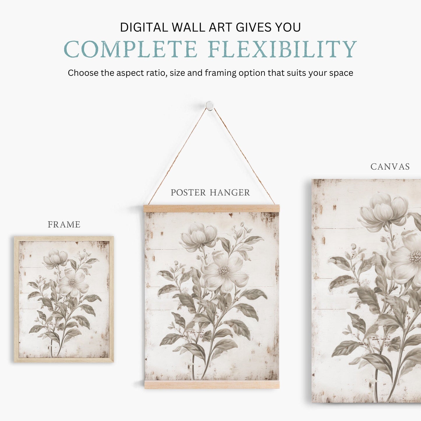 Rustic White Floral Prints, Vintage Wood Decor, Timeless Home Accent - WildfieldPrints