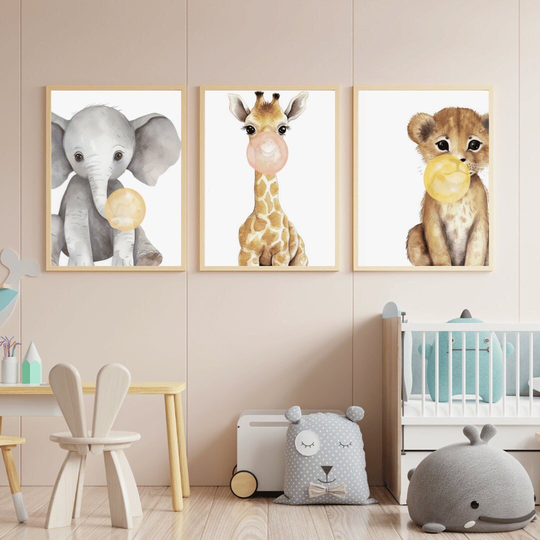Safari Animal Bubblegum Prints, Kids Room Decor, Whimsical Wall Art - WildfieldPrints