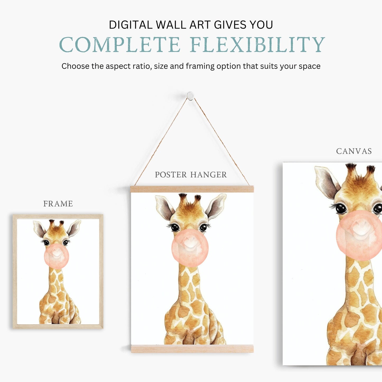 Safari Animal Bubblegum Prints, Kids Room Decor, Whimsical Wall Art - WildfieldPrints