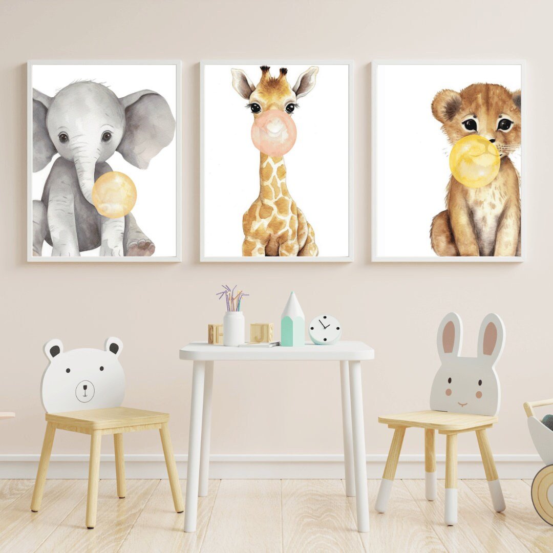 Safari Animal Bubblegum Prints, Kids Room Decor, Whimsical Wall Art - WildfieldPrints