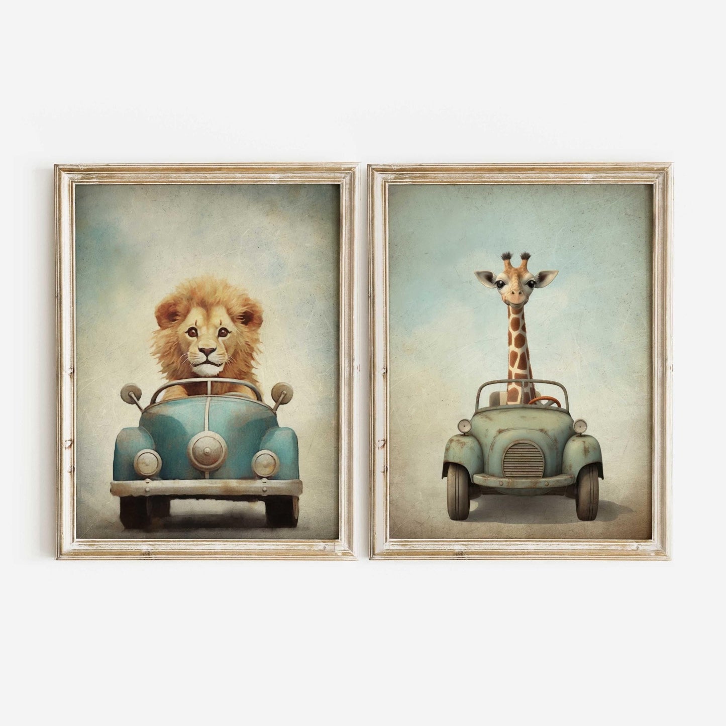 Safari Animal Prints, Vehicle Nursery Decor, Lion & Giraffe Art - WildfieldPrints