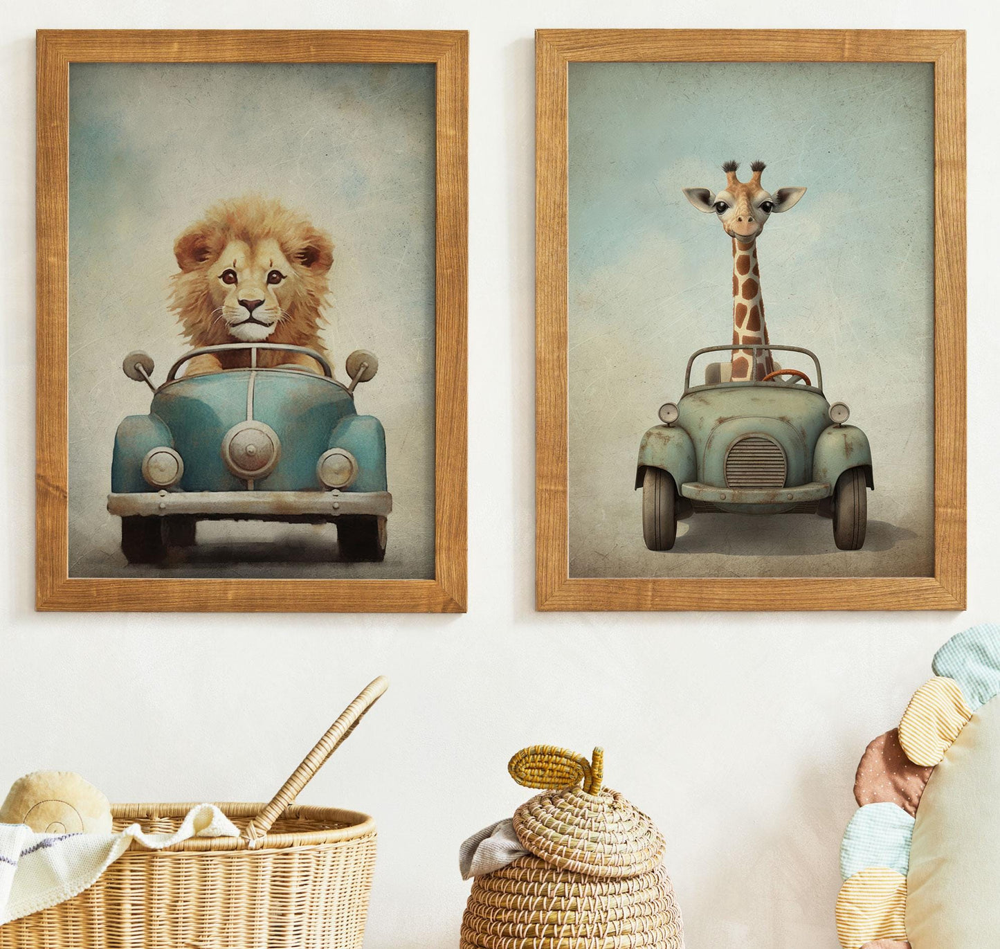 Safari Animal Prints, Vehicle Nursery Decor, Lion & Giraffe Art - WildfieldPrints