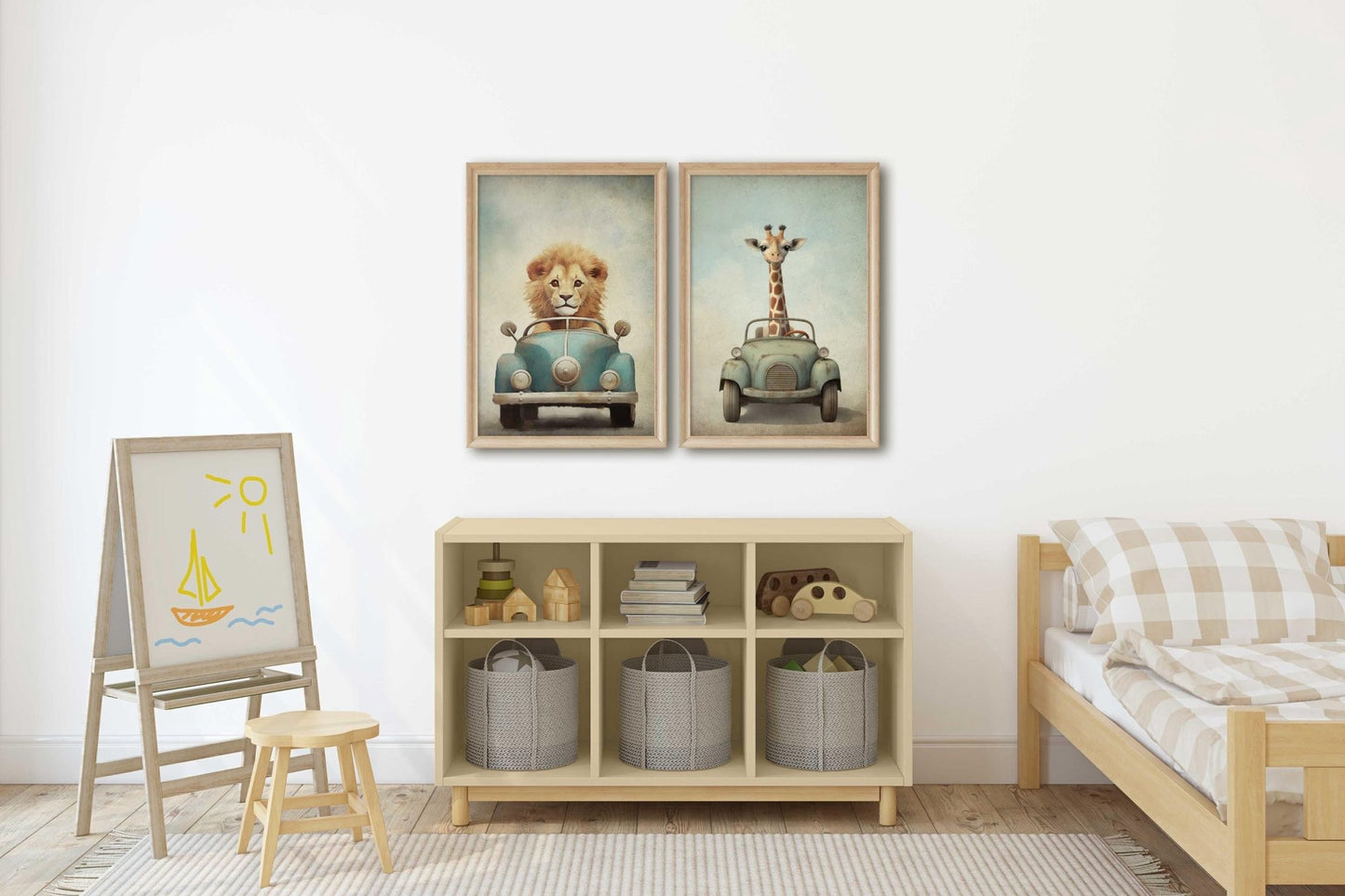 Safari Animal Prints, Vehicle Nursery Decor, Lion & Giraffe Art - WildfieldPrints