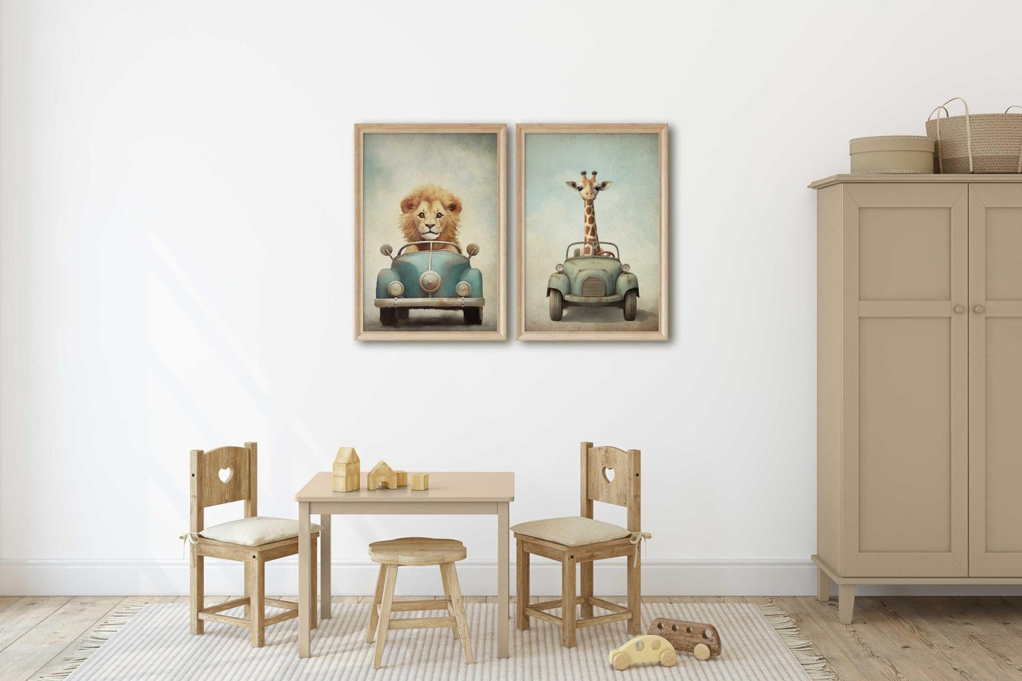Safari Animal Prints, Vehicle Nursery Decor, Lion & Giraffe Art - WildfieldPrints