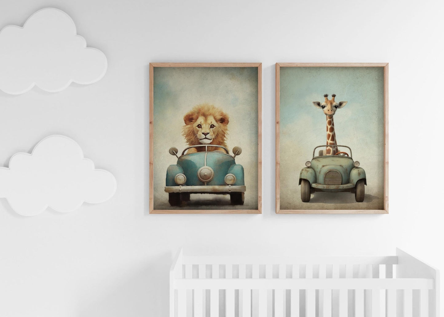 Safari Animal Prints, Vehicle Nursery Decor, Lion & Giraffe Art - WildfieldPrints