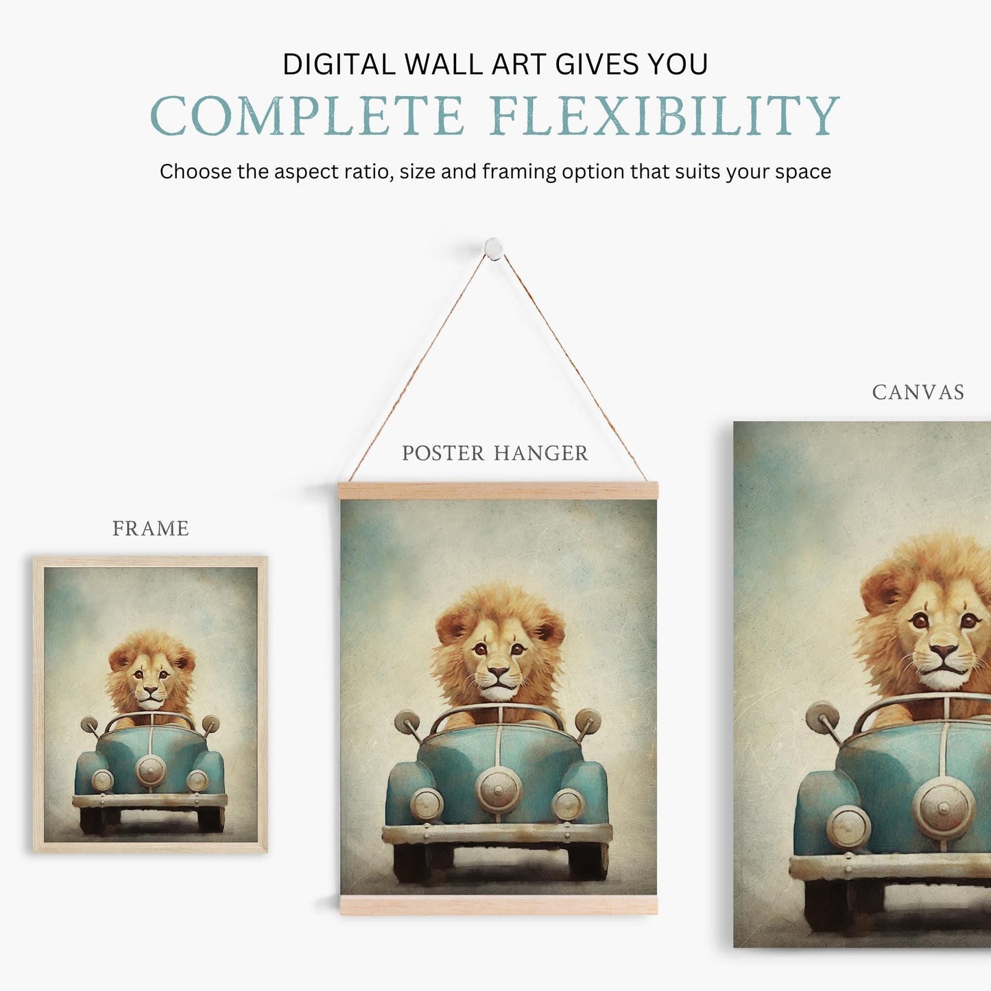 Safari Animal Prints, Vehicle Nursery Decor, Lion & Giraffe Art - WildfieldPrints