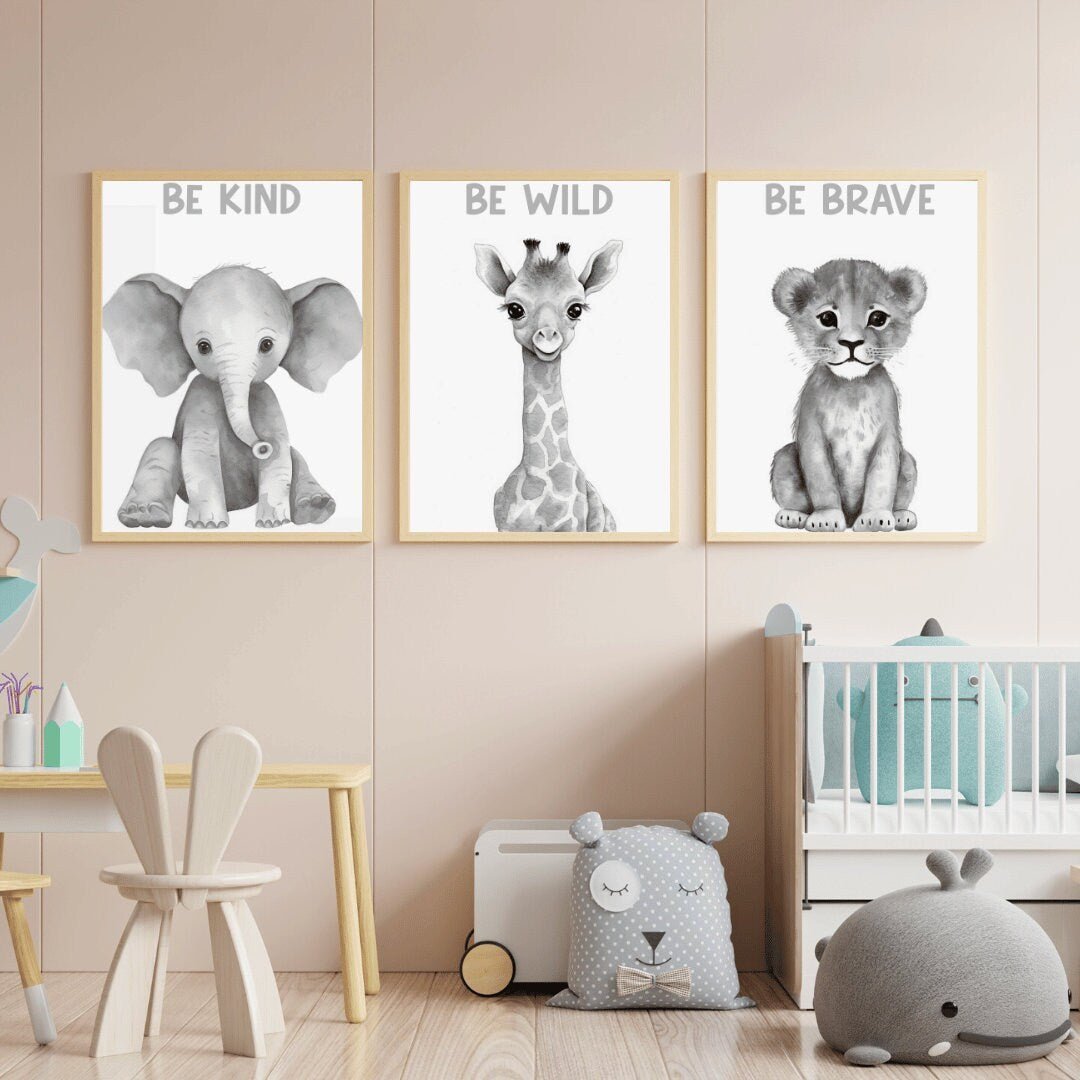 Safari Animal Wall Art - Be Kind, Be Wild, Be Brave - Inspirational Decor - WildfieldPrints