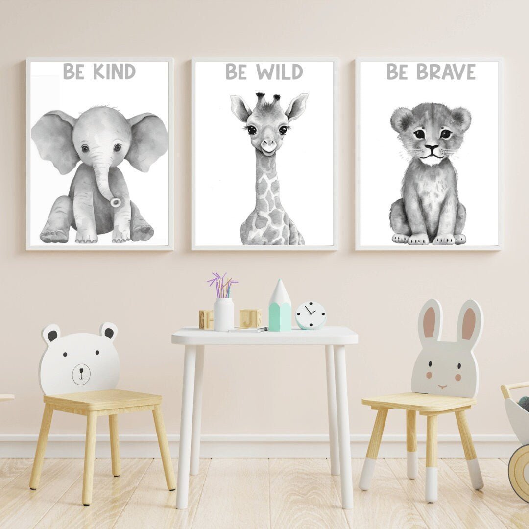 Safari Animal Wall Art - Be Kind, Be Wild, Be Brave - Inspirational Decor - WildfieldPrints