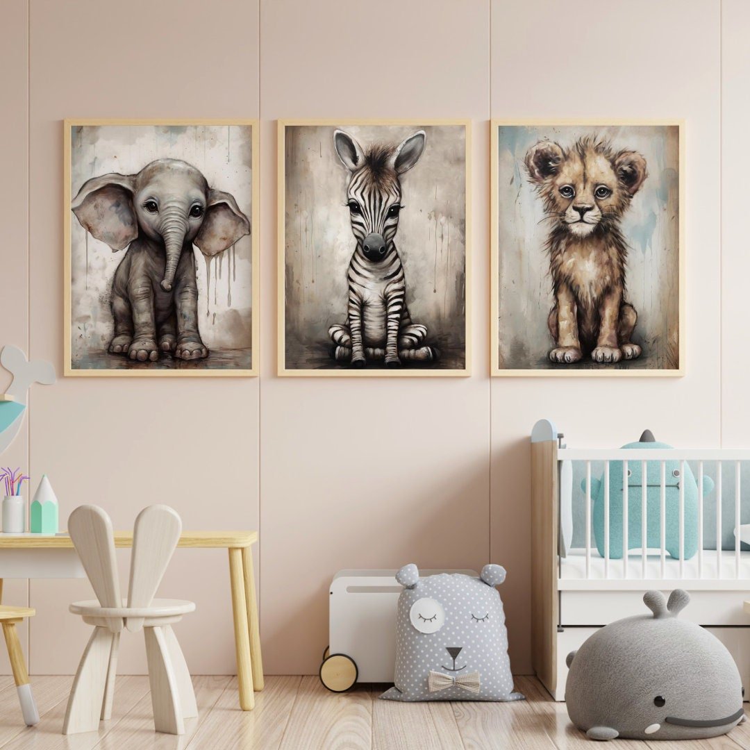 Safari Baby Animal Vintage Wall Art, Elephant, Zebra & Lion Decor - WildfieldPrints