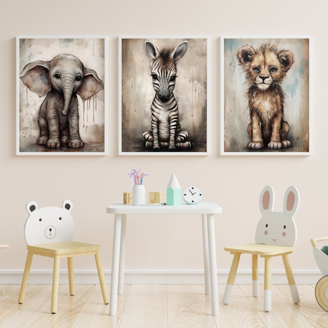 Safari Baby Animal Vintage Wall Art, Elephant, Zebra & Lion Decor - WildfieldPrints