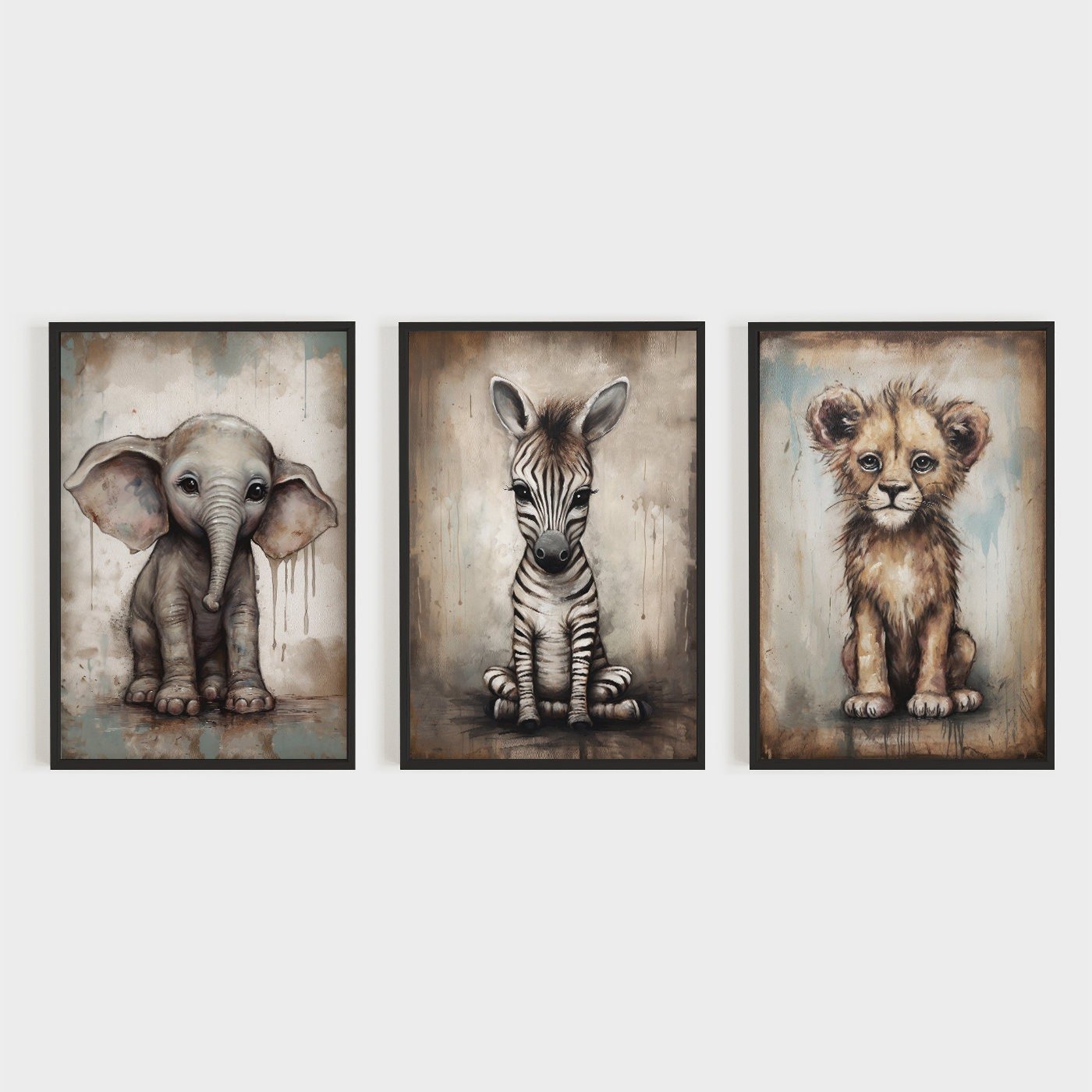 Safari Baby Animal Vintage Wall Art, Elephant, Zebra & Lion Decor - WildfieldPrints