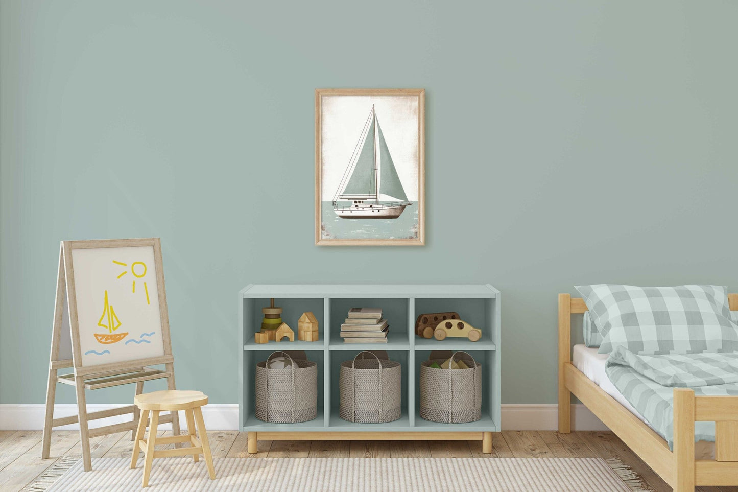 Sailboat Nursery Print, Ocean Theme Decor, Sage Green Wall Art - WildfieldPrints