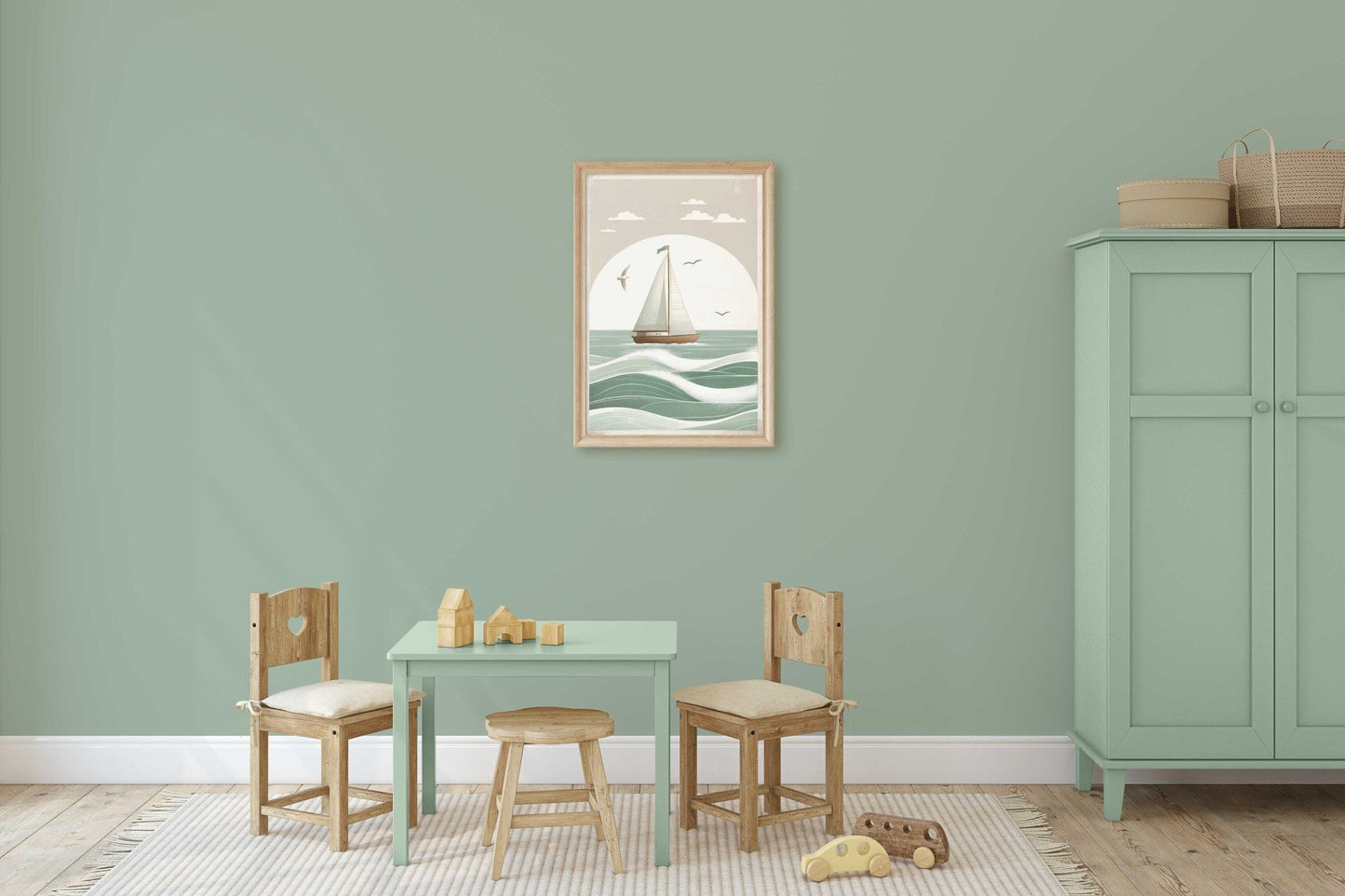 Sailboat Nursery Print, Ocean Theme Decor, Sage Green Wall Art - WildfieldPrints