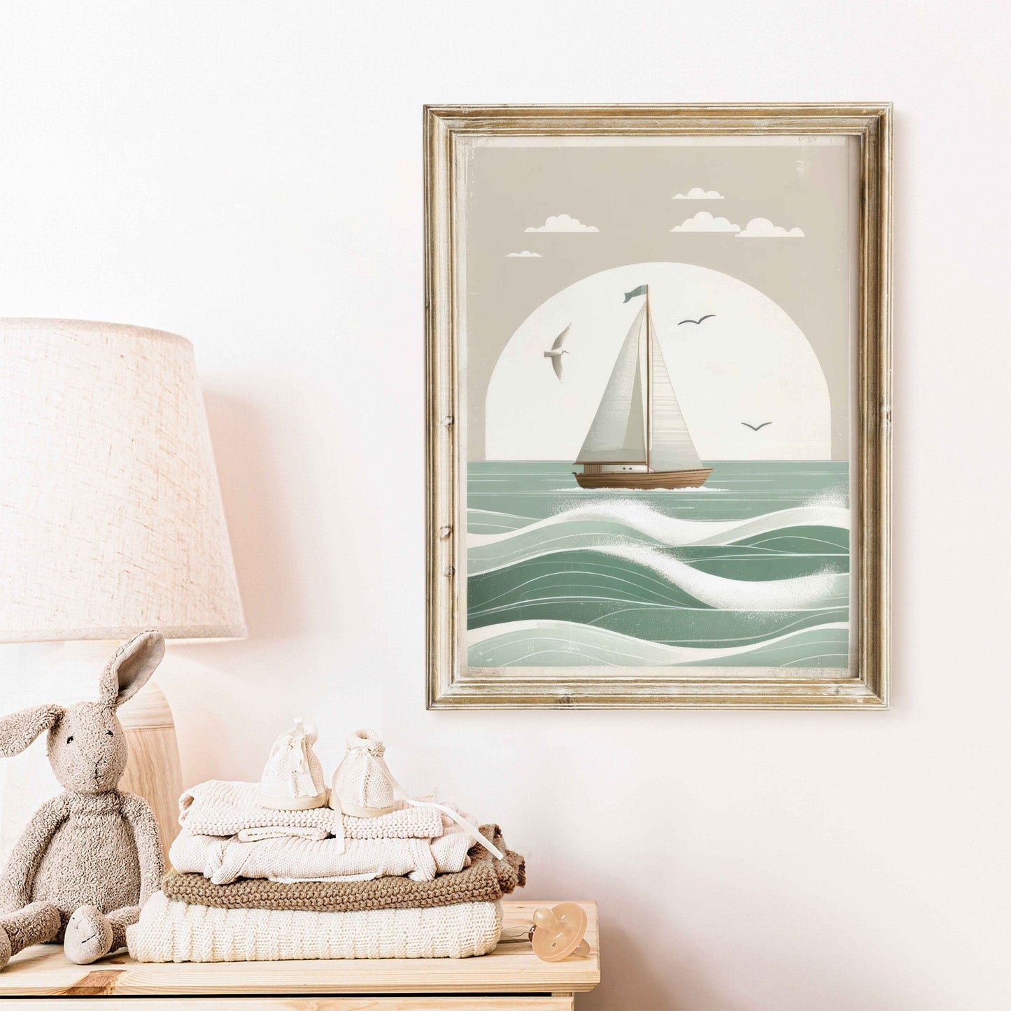 Sailboat Nursery Print, Ocean Theme Decor, Sage Green Wall Art - WildfieldPrints