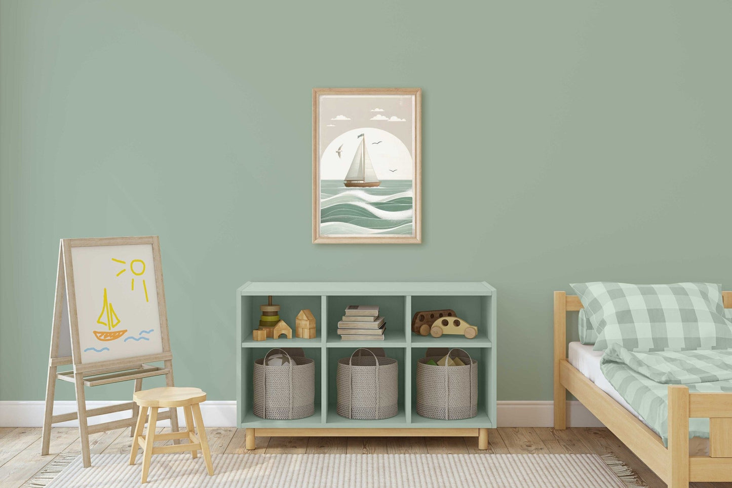 Sailboat Nursery Print, Ocean Theme Decor, Sage Green Wall Art - WildfieldPrints