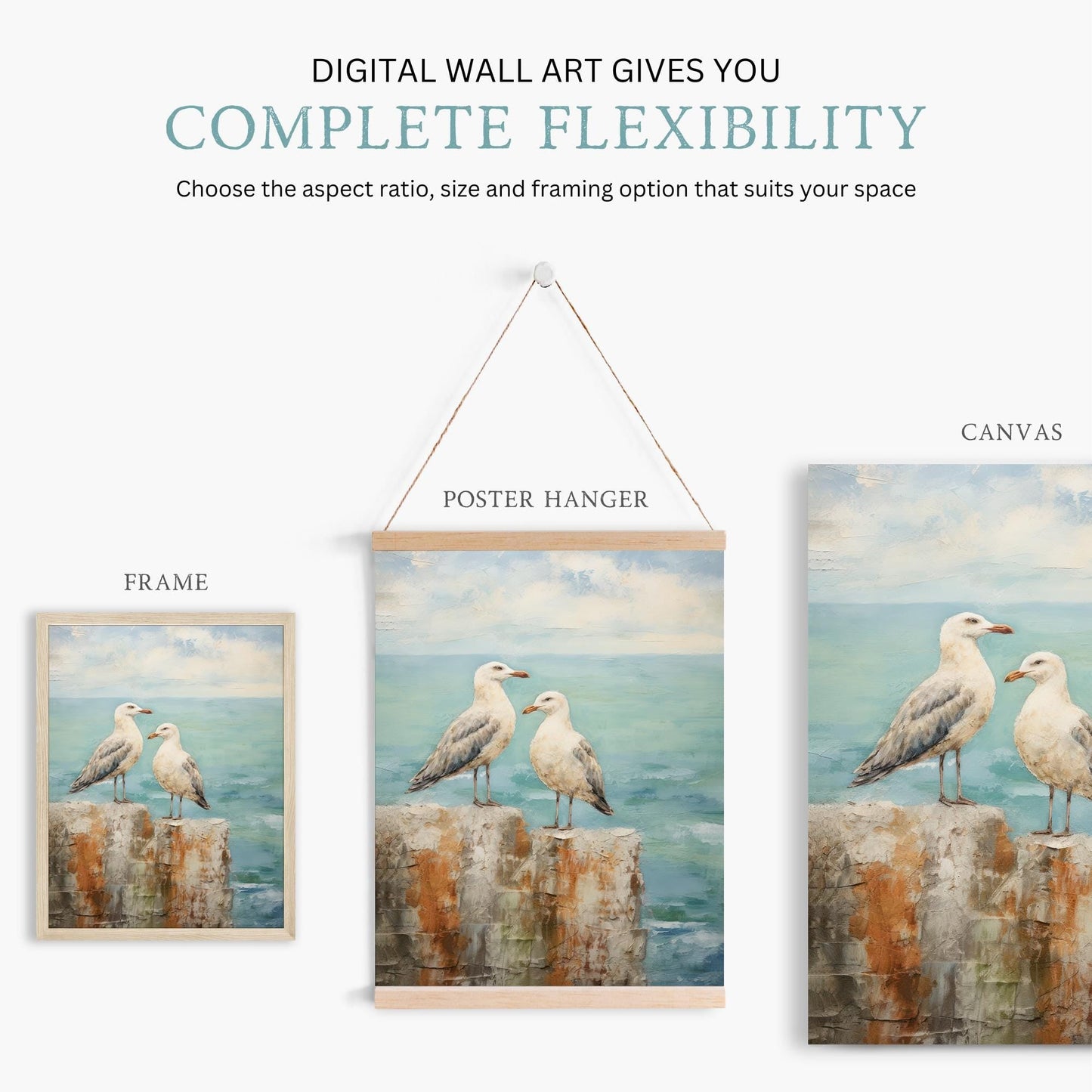 Seagull Art Print, Coastal Bird Wall Decor, Vintage Landscape Art - WildfieldPrints