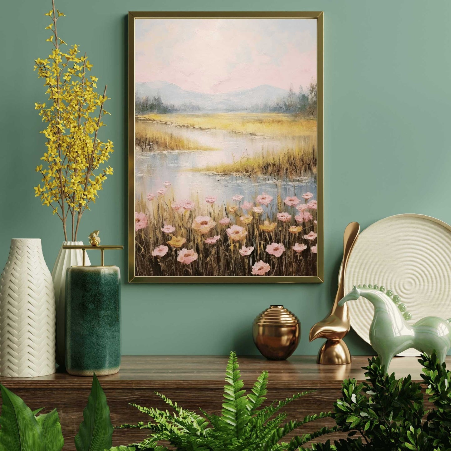 Serene Landscape Art, Mountain and Meadow Decor, Nature's Embrace - WildfieldPrints