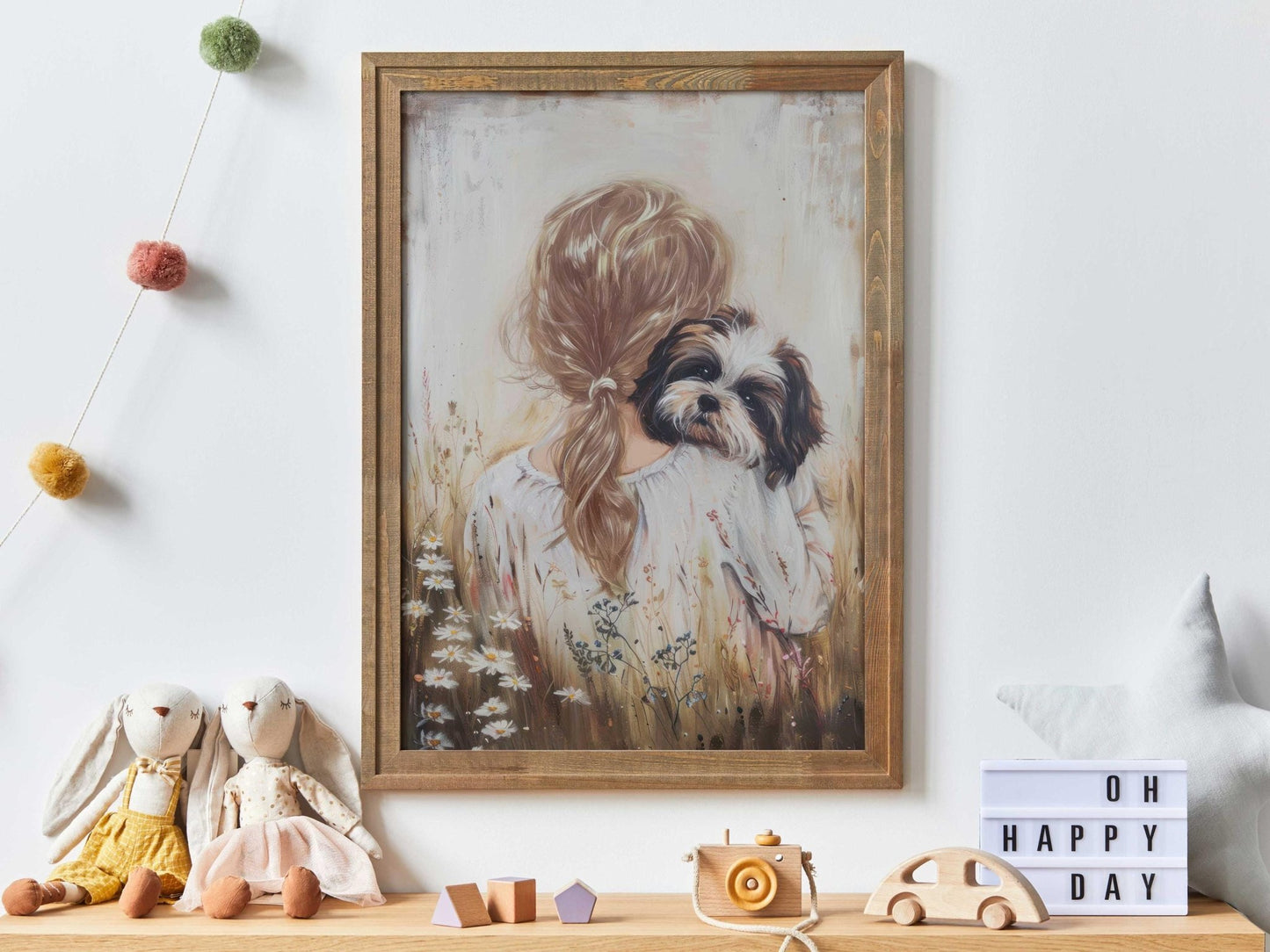 Shih Tzu Nursery Art, Girl and Dog Wall Decor, Vintage Dog Painting - WildfieldPrints