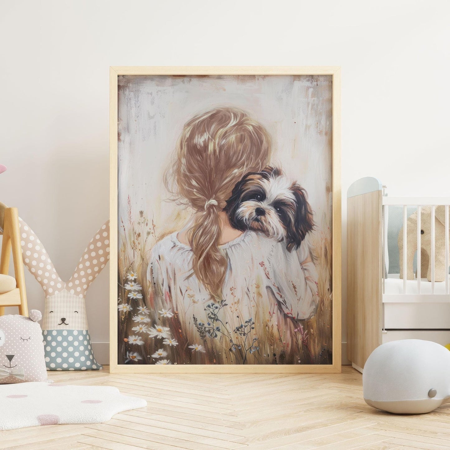 Shih Tzu Nursery Art, Girl and Dog Wall Decor, Vintage Dog Painting - WildfieldPrints