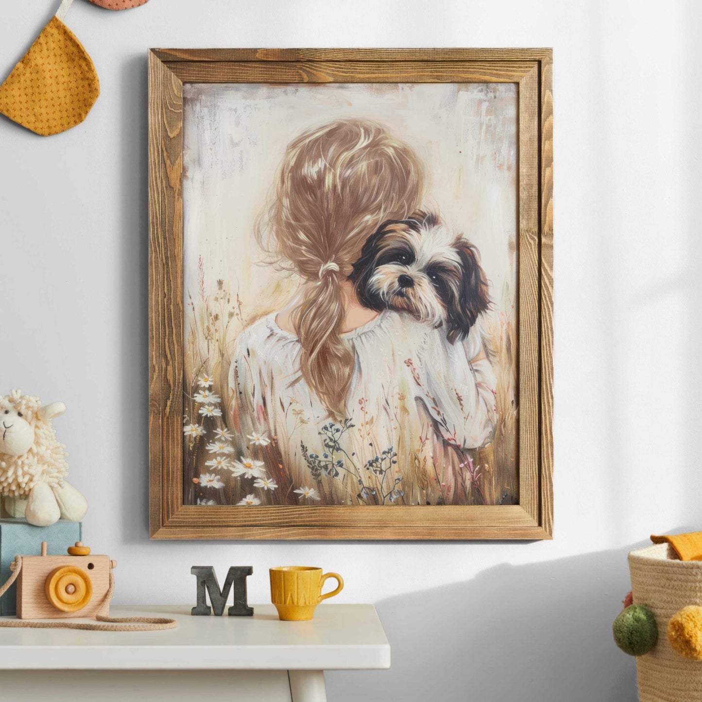 Shih Tzu Nursery Art, Girl and Dog Wall Decor, Vintage Dog Painting - WildfieldPrints