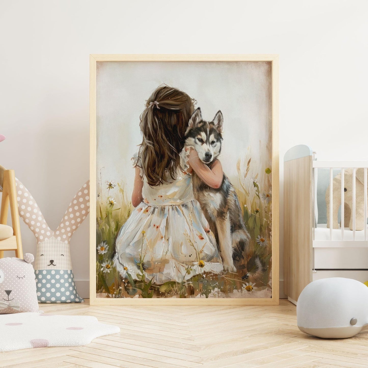 Siberian Husky Nursery Art, Girl and Dog Painting, Husky Wall Art, Wildflower Nursery, Husky Baby Shower Decor, Printable Dog Art Girl Roomc - My Store