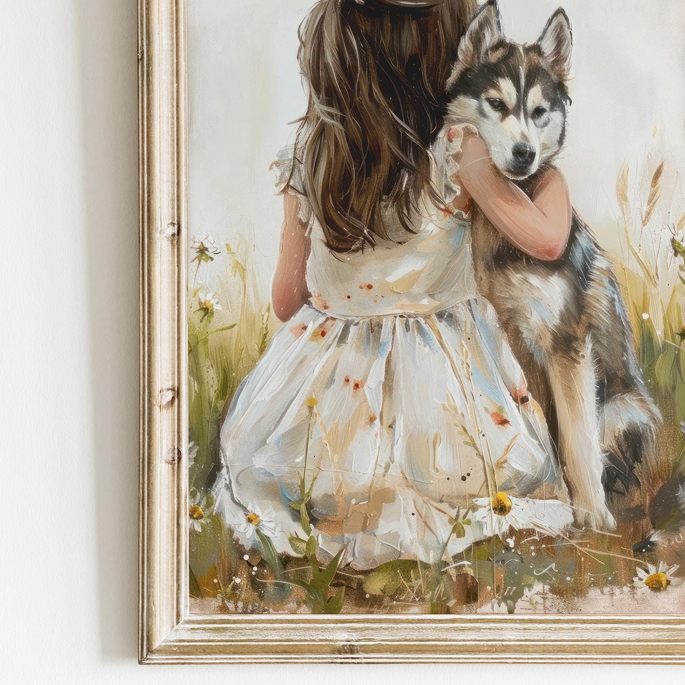 Siberian Husky Nursery Art, Girl and Dog Painting, Husky Wall Art, Wildflower Nursery, Husky Baby Shower Decor, Printable Dog Art Girl Roomc - My Store