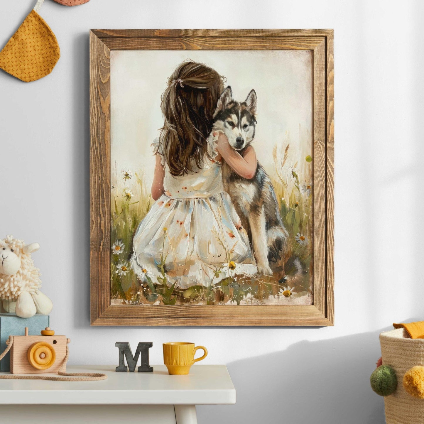 Siberian Husky Nursery Art, Girl and Dog Painting, Husky Wall Art, Wildflower Nursery, Husky Baby Shower Decor, Printable Dog Art Girl Roomc - My Store
