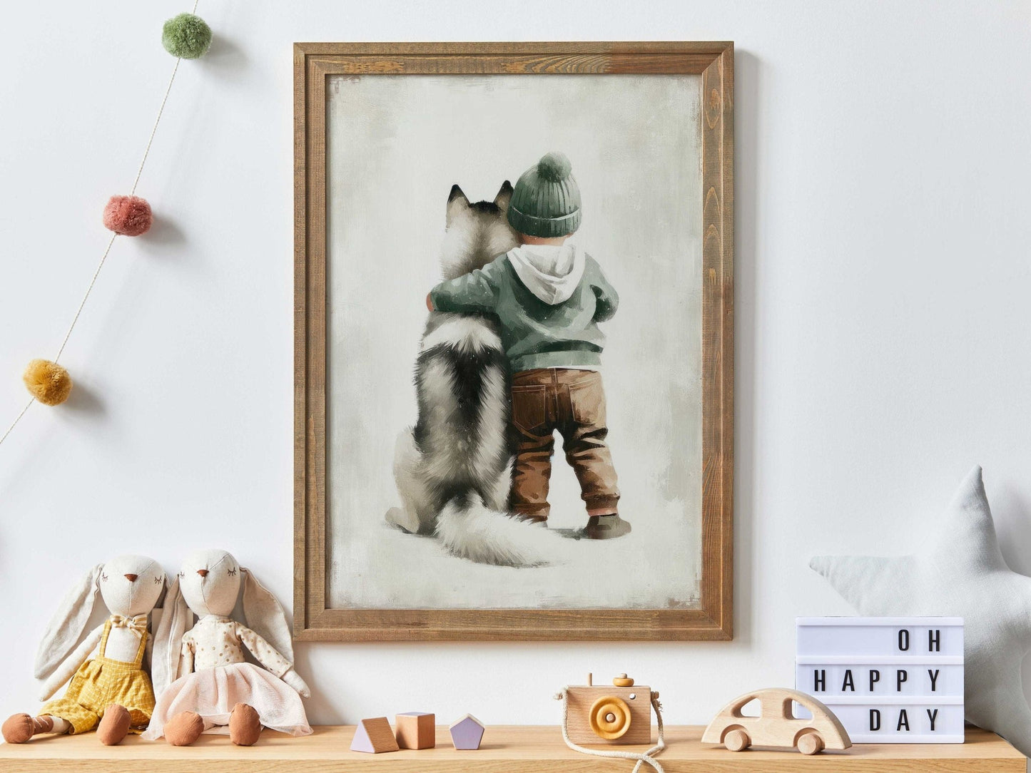 Siberian Husky Nursery Decor, Boy and Dog Print, Rustic Puppy Art - WildfieldPrints