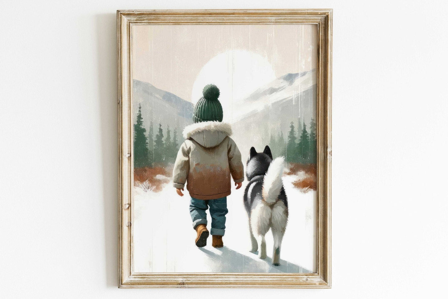 Siberian Husky Nursery Decor, Boy and Dog Print, Rustic Puppy Art - WildfieldPrints